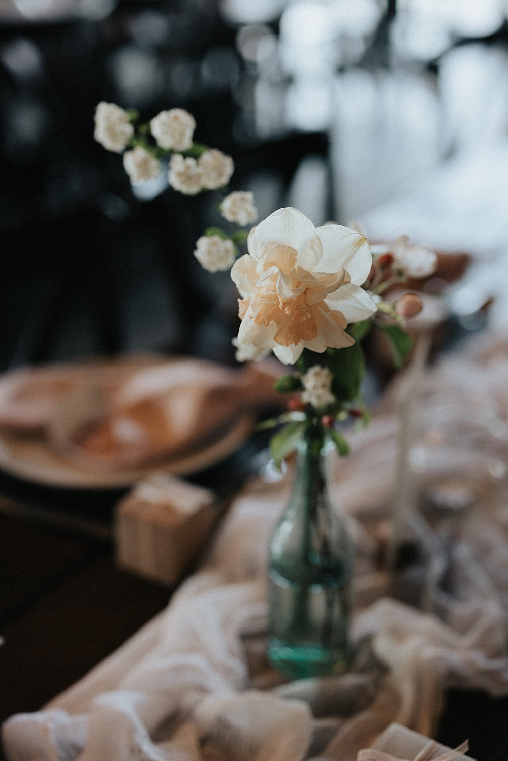 Ranunculus Tulip Bottle Flowers Blush Spring Table Centrepiece Willow Marsh Farm Wedding Matt Horan Photography