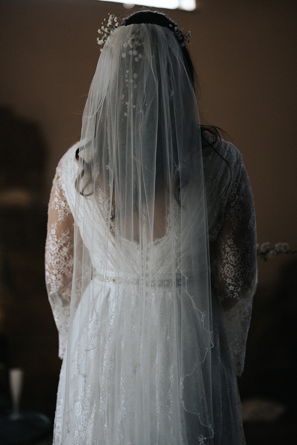Veil Dress Gown Bride Bridal Lace Long Sleeves Floaty Willow Marsh Farm Wedding Matt Horan Photography