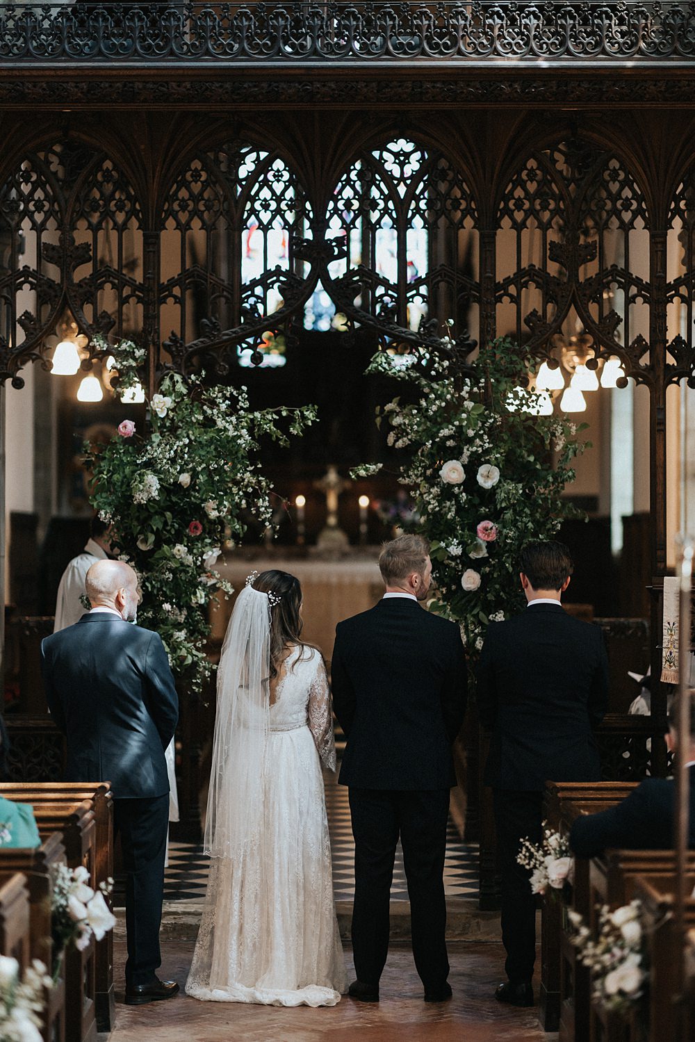 Church Flower Arch Pillar Installation Blush Pink White Greenery Aisle Willow Marsh Farm Wedding Matt Horan Photography