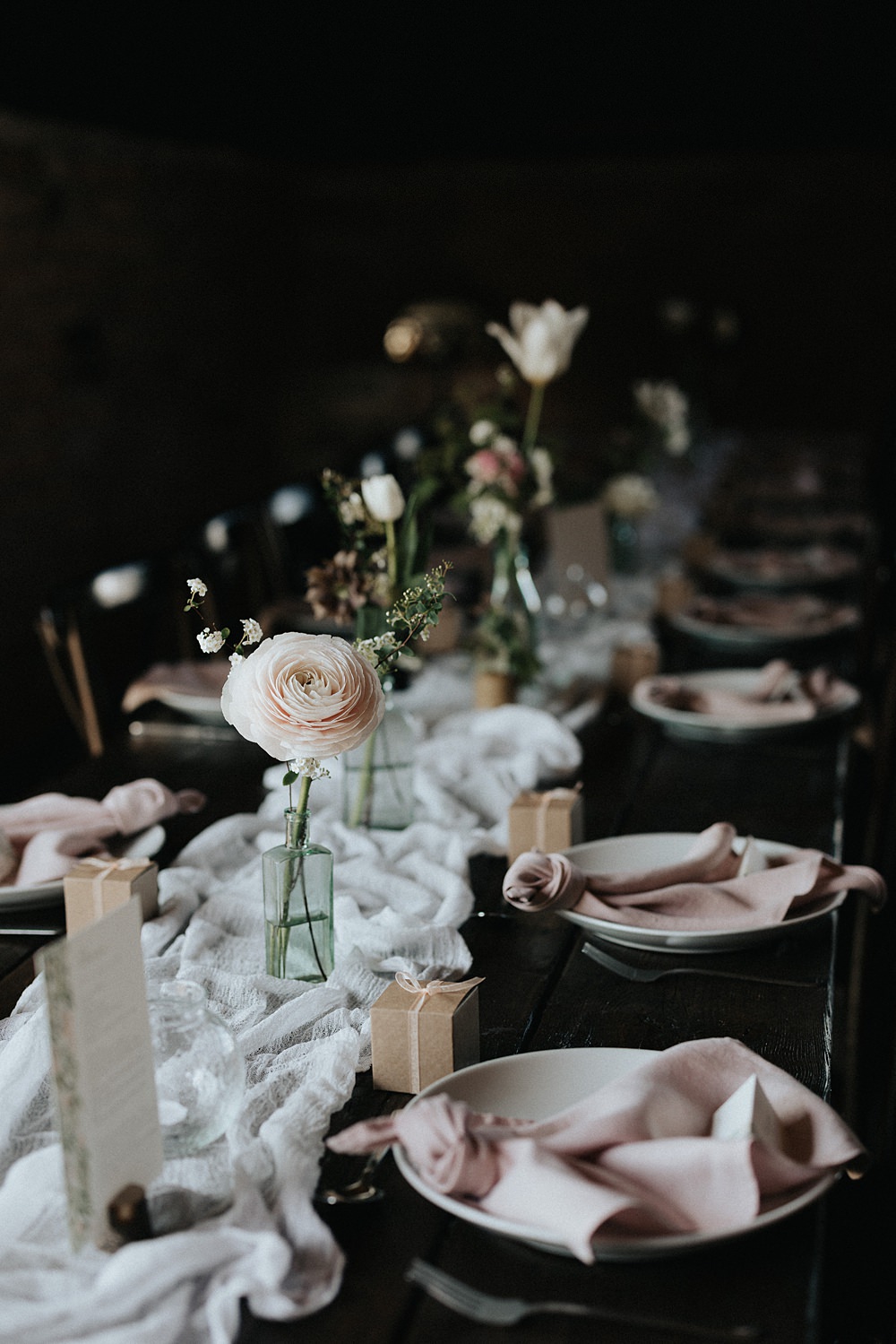 Centrepiece Long Table Silk Runner White Flowers Blush Bottles Willow Marsh Farm Wedding Matt Horan Photography
