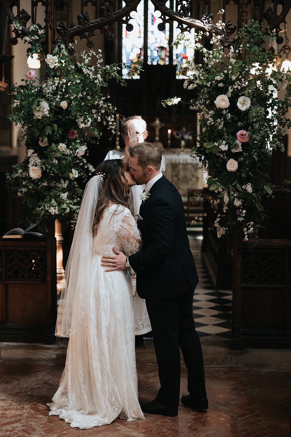 Church Flower Arch Pillar Installation Blush Pink White Greenery Aisle Willow Marsh Farm Wedding Matt Horan Photography