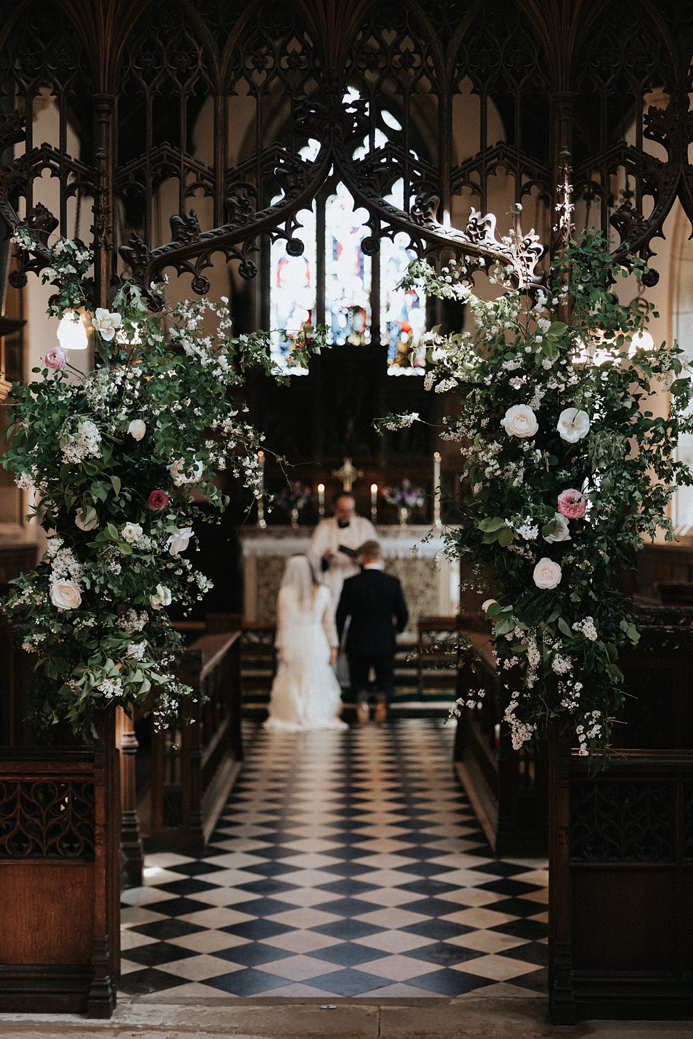 Church Flower Arch Pillar Installation Blush Pink White Greenery Aisle Willow Marsh Farm Wedding Matt Horan Photography