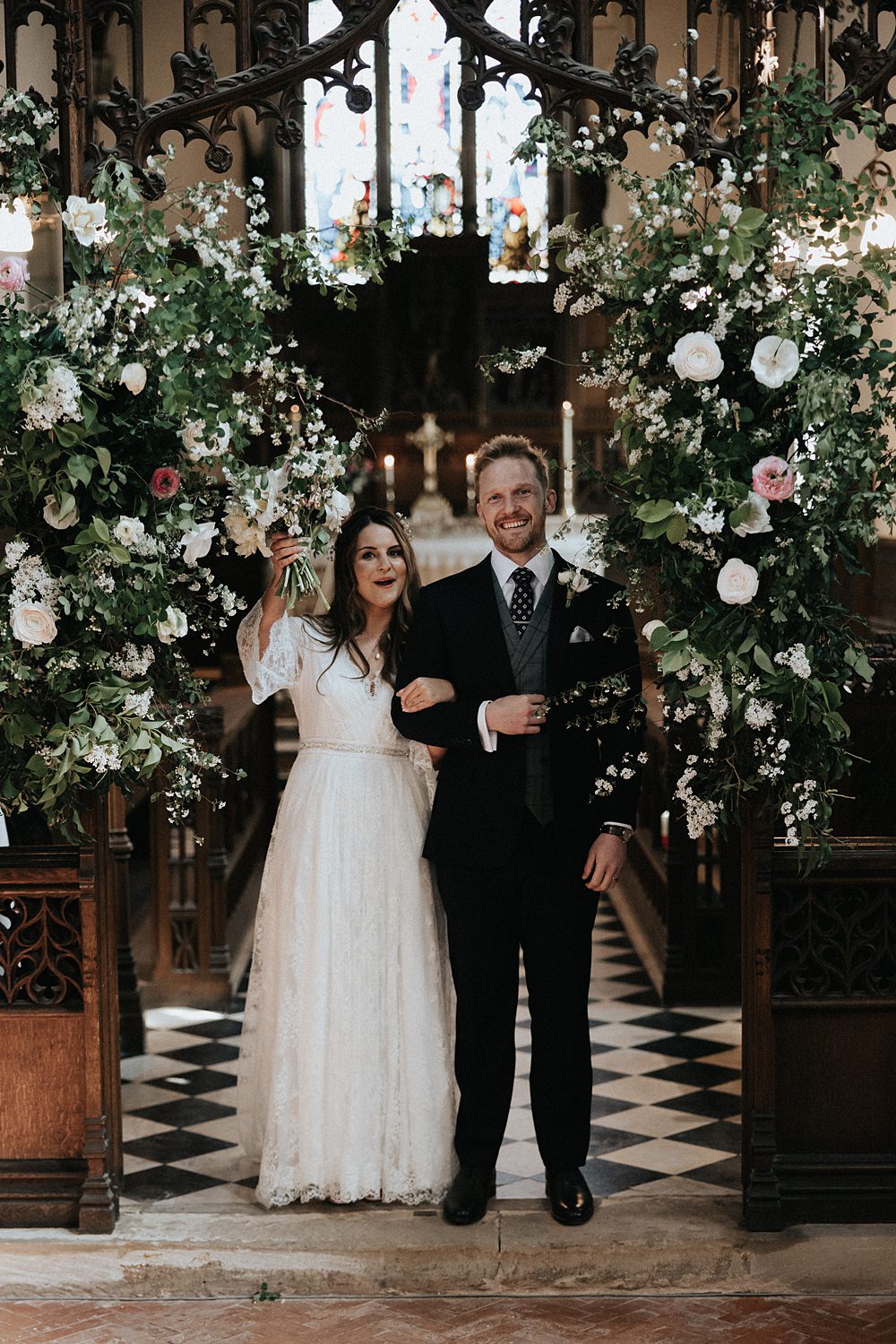 Church Flower Arch Pillar Installation Blush Pink White Greenery Aisle Willow Marsh Farm Wedding Matt Horan Photography