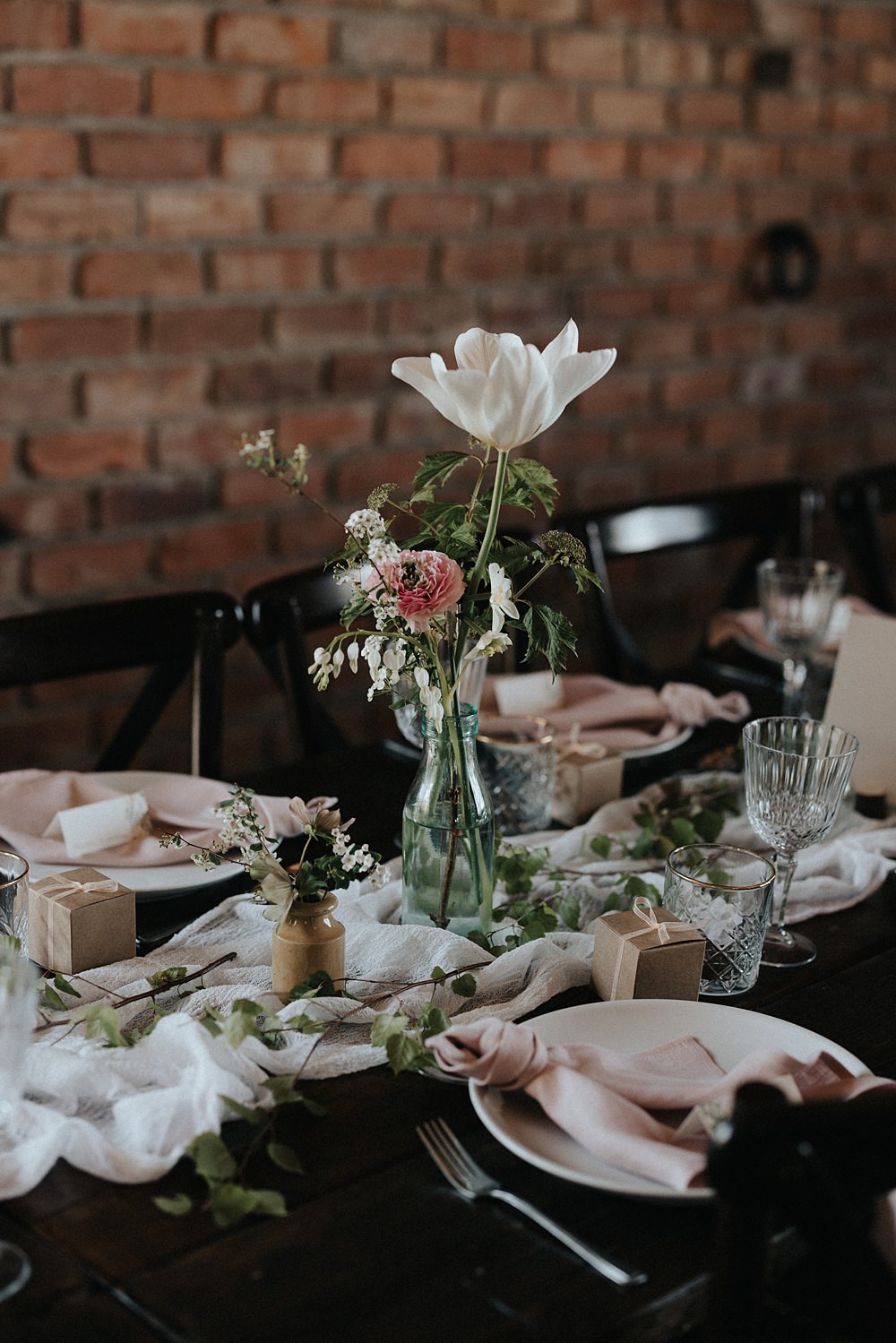 Ranunculus Tulip Centrepiece Long Table Silk Runner White Flowers Blush Bottles Spring Willow Marsh Farm Wedding Matt Horan Photography