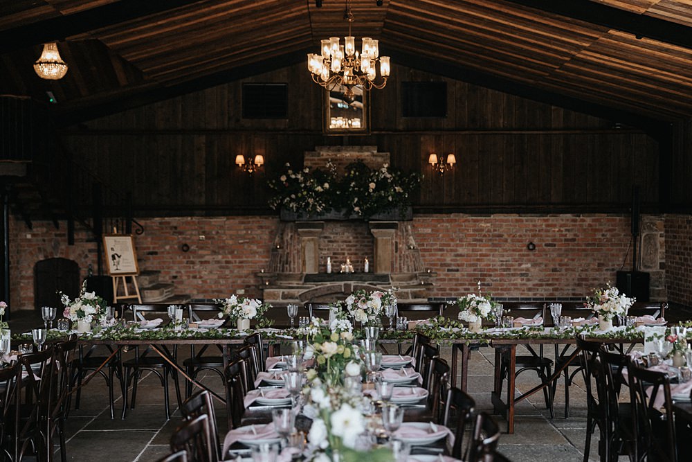 Centrepiece Long Table Silk Runner White Flowers Blush Bottles Spring Willow Marsh Farm Wedding Matt Horan Photography