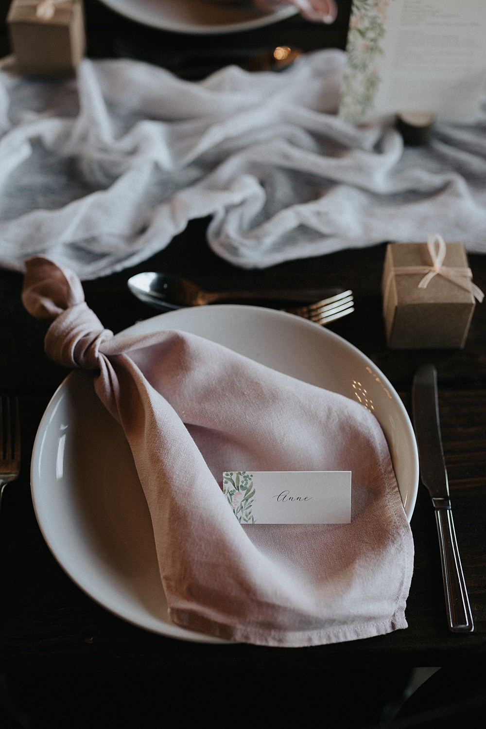 Place Setting Pink Knot Napkin Decor Willow Marsh Farm Wedding Matt Horan Photography