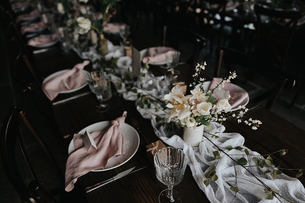 Centrepiece Long Table Silk Runner White Flowers Blush Bottles Spring Willow Marsh Farm Wedding Matt Horan Photography