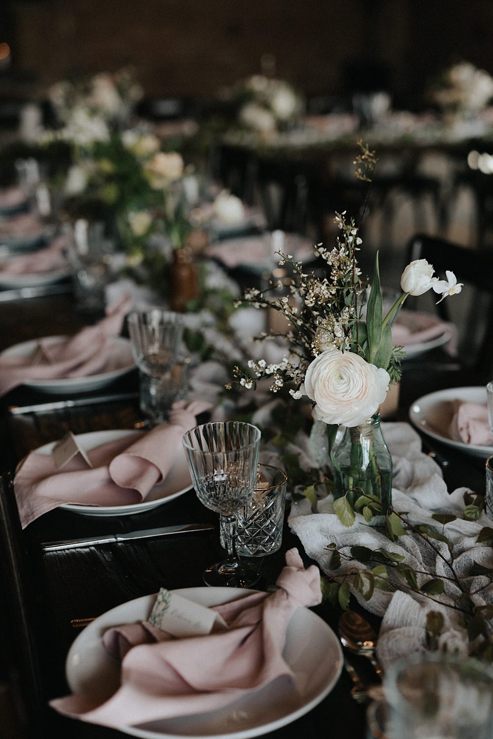 Centrepiece Long Table Silk Runner White Flowers Blush Bottles Spring Willow Marsh Farm Wedding Matt Horan Photography