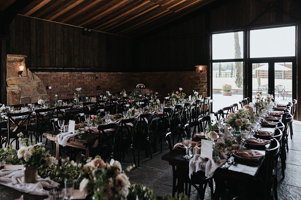 Centrepiece Long Table Silk Runner White Flowers Blush Bottles Spring Willow Marsh Farm Wedding Matt Horan Photography