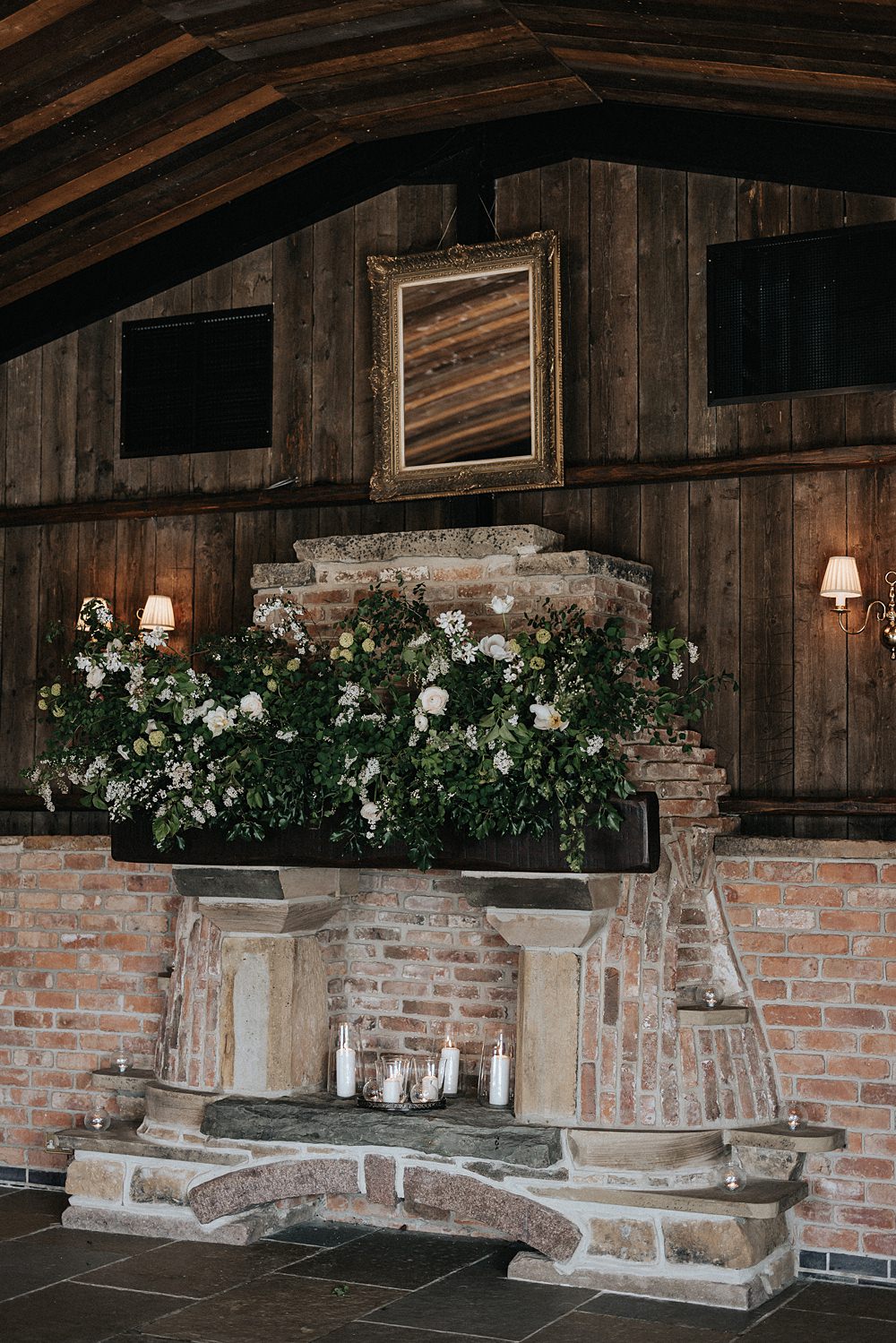 Fireplace Mantlepiece Flowers Willow Marsh Farm Wedding Matt Horan Photography