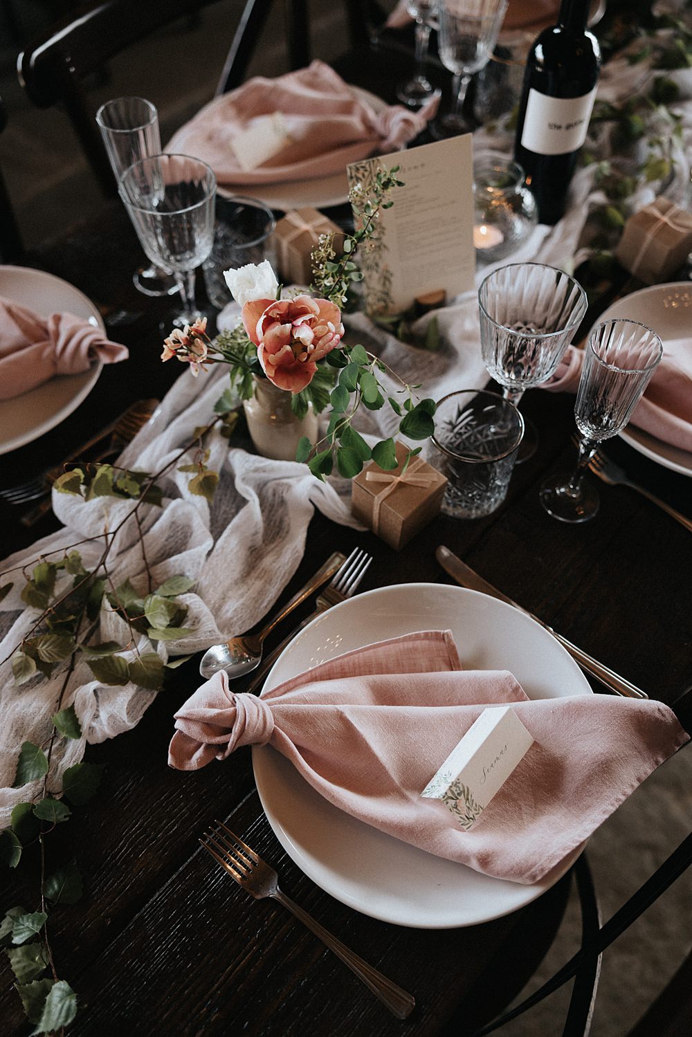 Place Setting Pink Knot Napkin Decor Willow Marsh Farm Wedding Matt Horan Photography