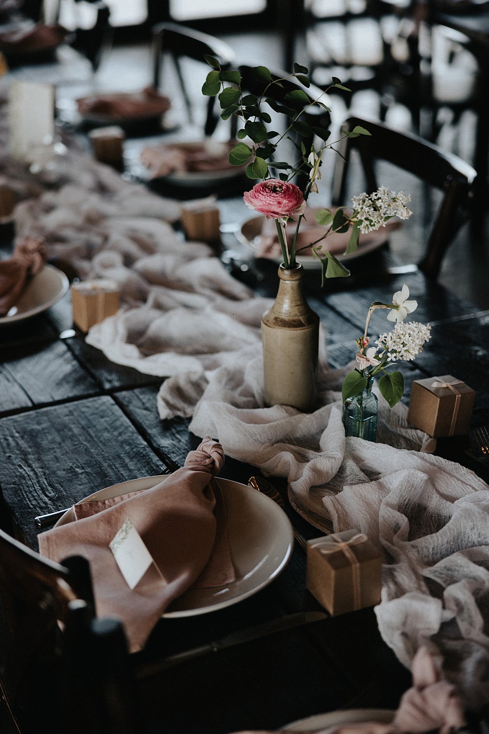 Centrepiece Long Table Silk Runner White Flowers Blush Bottles Willow Marsh Farm Wedding Matt Horan Photography