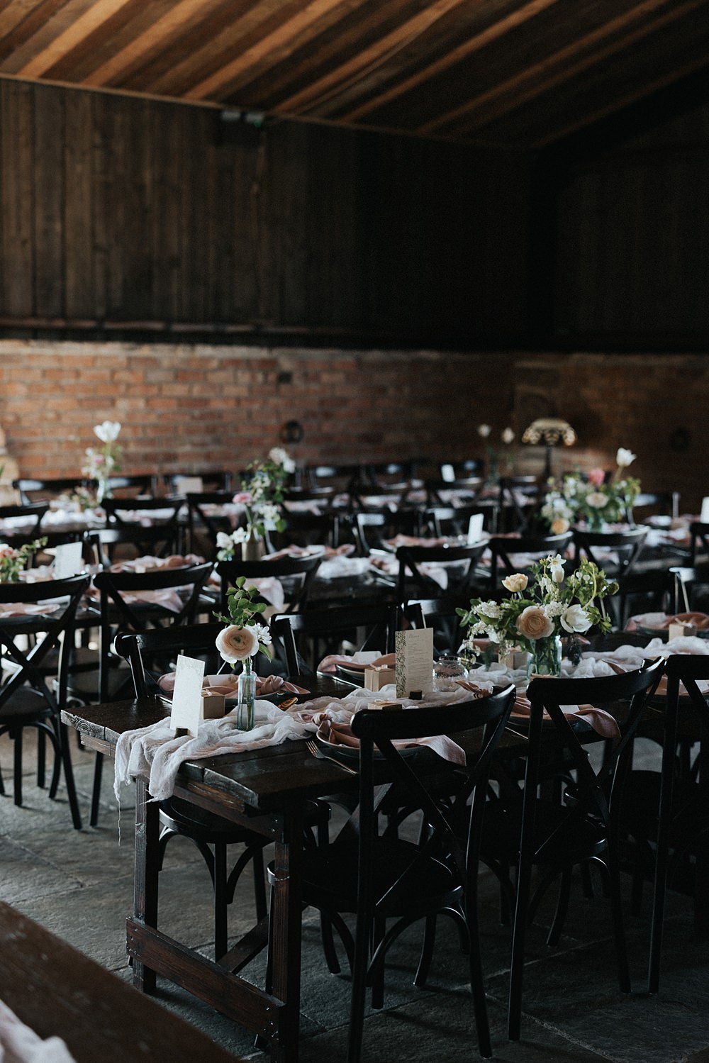Centrepiece Long Table Silk Runner White Flowers Blush Bottles Willow Marsh Farm Wedding Matt Horan Photography