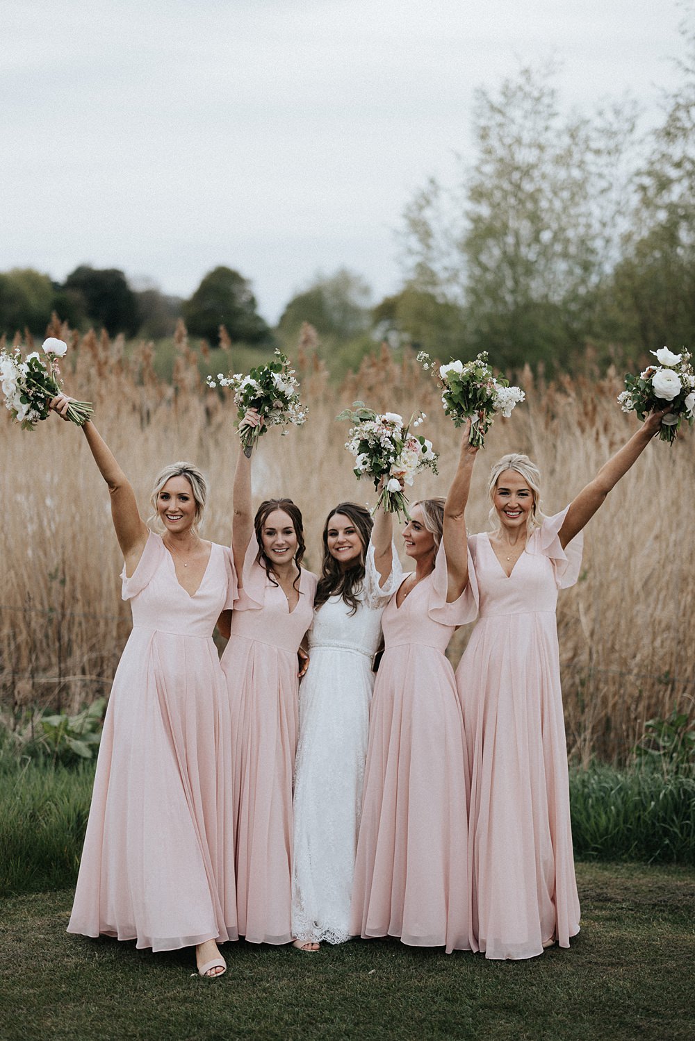 Long Pink Bridesmaid Dresses Willow Marsh Farm Wedding Matt Horan Photography