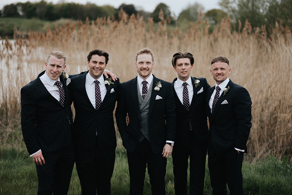 Groom Suit Dark Blue Waistcoat Burgundy Tie Groomsmen Willow Marsh Farm Wedding Matt Horan Photography