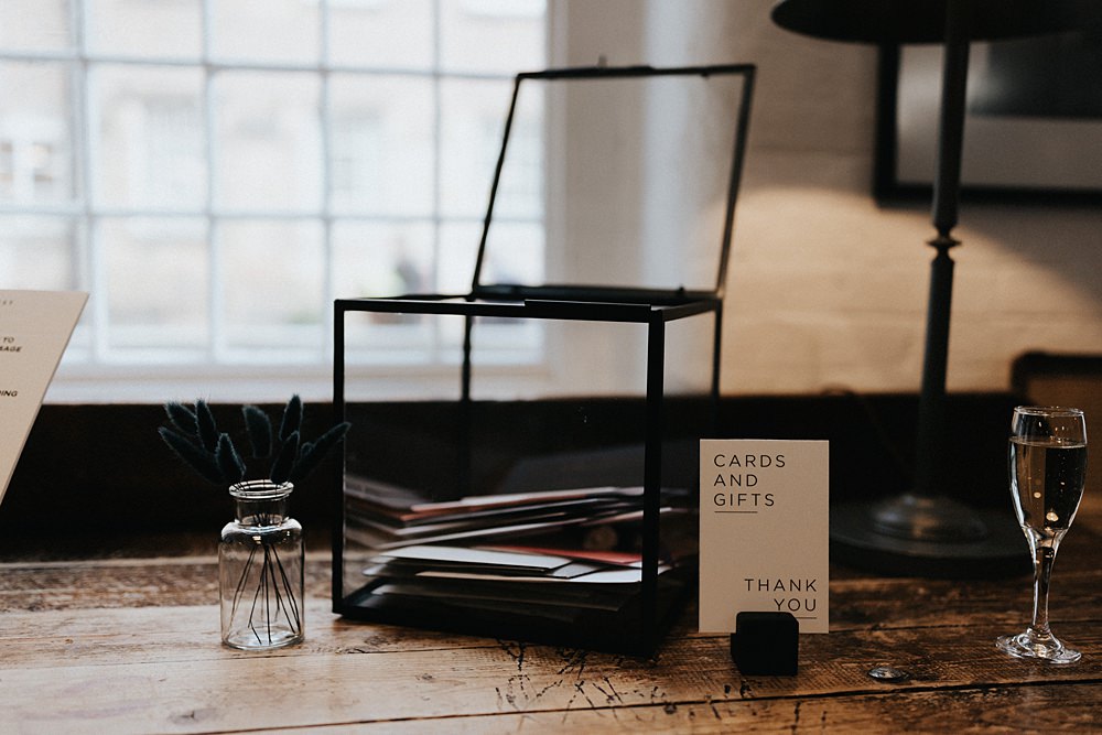 Glass Card Box Winter Wedding West Mill Matt Horan Photography