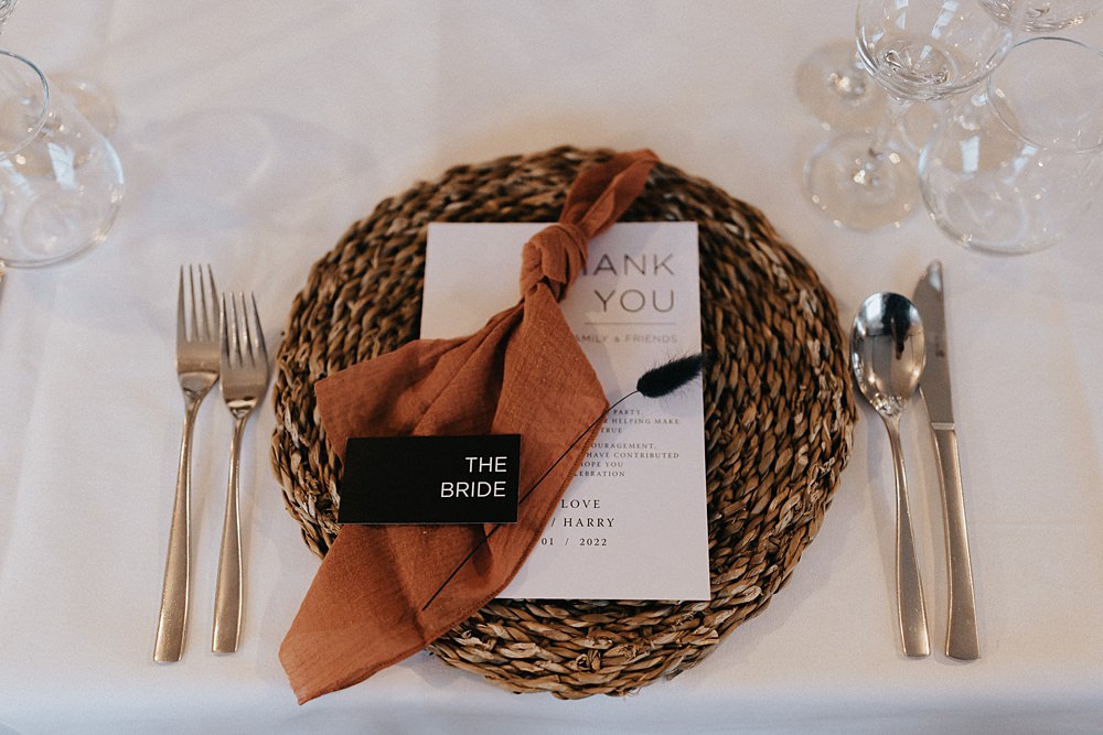 Rattan Place Mat Rust Napkin Black Place Card Winter Wedding West Mill Matt Horan Photography