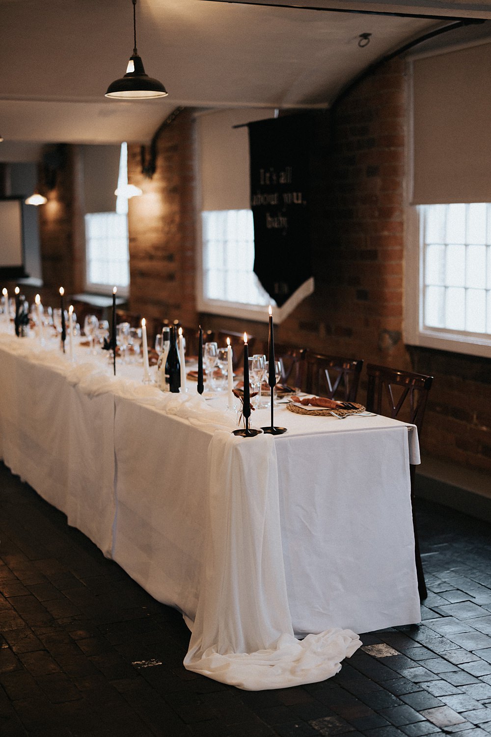 Long Table Rust Napkins Black Candles Winter Wedding West Mill Matt Horan Photography