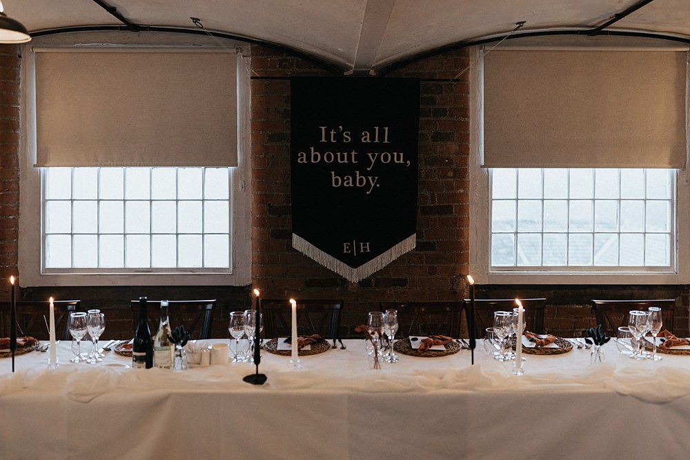 Top Table Banner Sign Backdrop Winter Wedding West Mill Matt Horan Photography