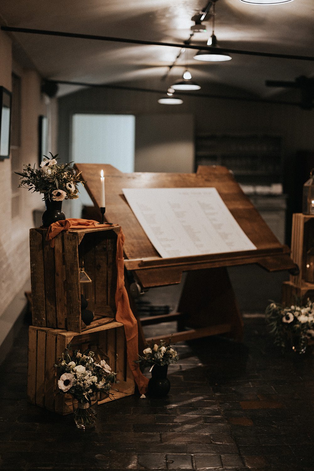 Wooden Box Candles Flowers Decor Winter Wedding West Mill Matt Horan Photography