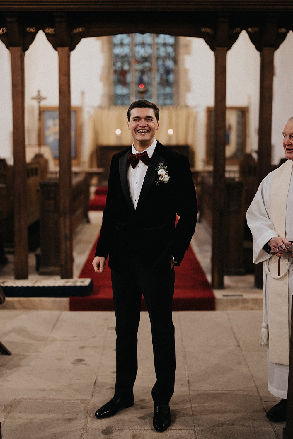 Groom Velvet Tuxedo Bow Tie Winter Wedding West Mill Matt Horan Photography