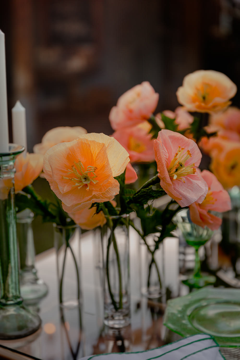 Green Table Glasses Decor Peach Poppies Paper Flowers Candles Centrepiece Wizard Oz Emerald City Wedding Claire Gutierrez Photography