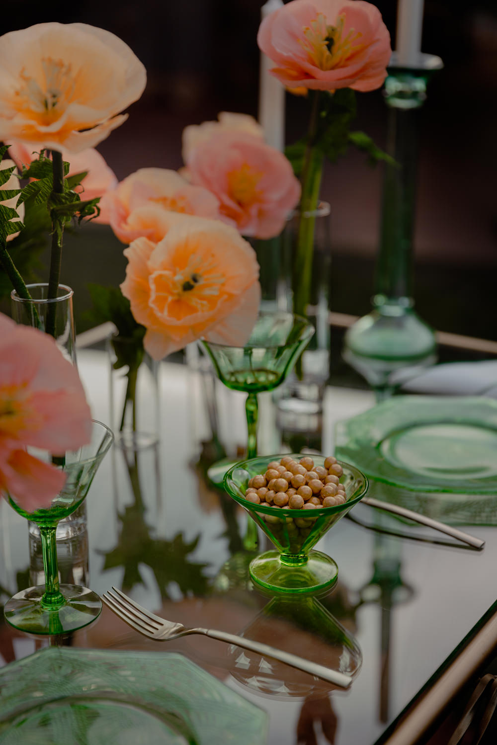 Green Table Glasses Decor Peach Poppies Paper Flowers Candles Centrepiece Wizard Oz Emerald City Wedding Claire Gutierrez Photography