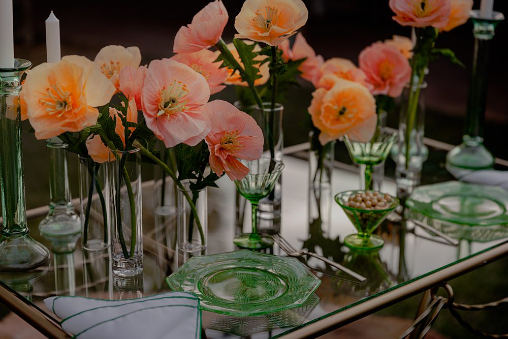 Green Table Glasses Decor Peach Poppies Paper Flowers Candles Centrepiece Wizard Oz Emerald City Wedding Claire Gutierrez Photography