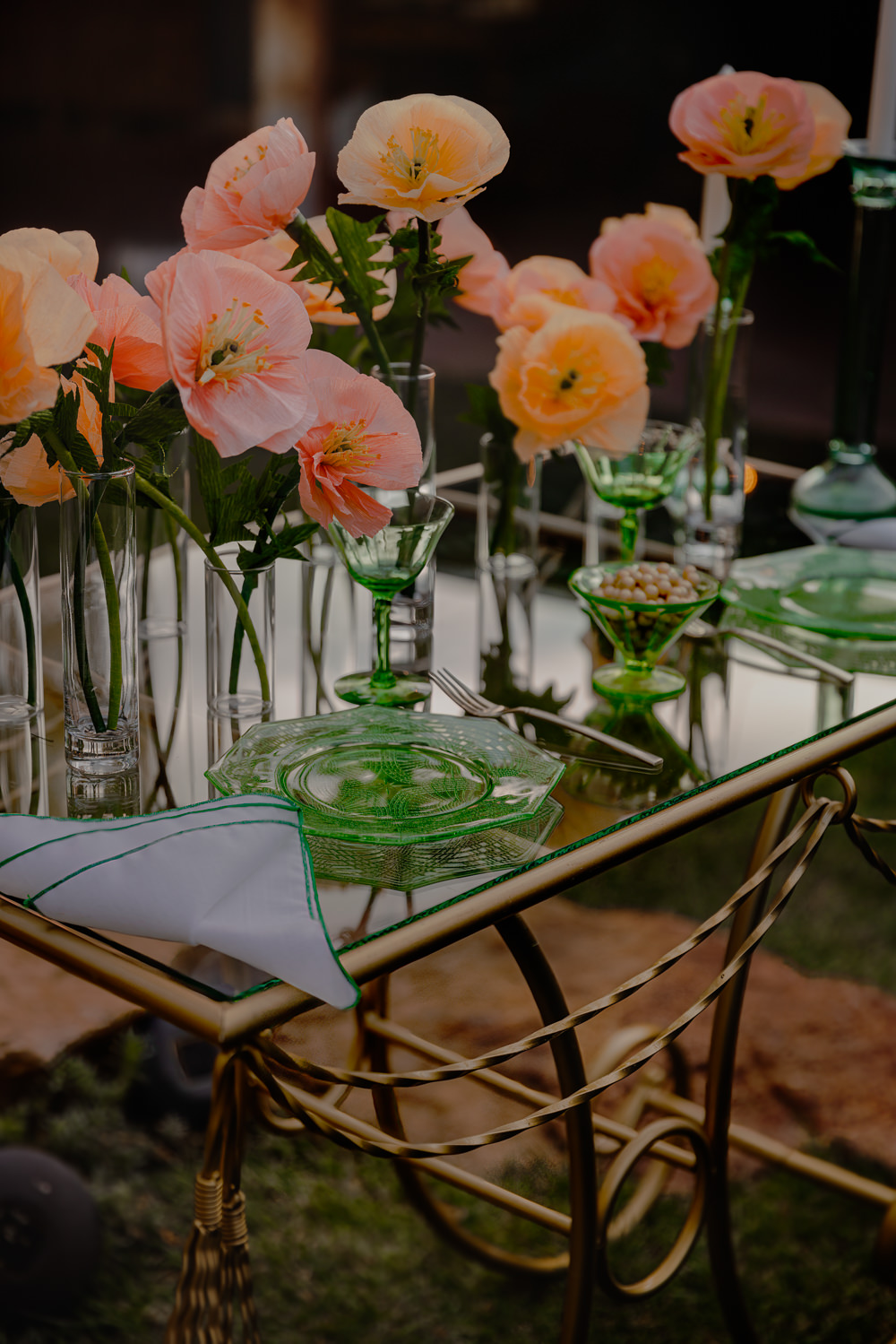 Green Table Glasses Decor Peach Poppies Paper Flowers Candles Centrepiece Wizard Oz Emerald City Wedding Claire Gutierrez Photography