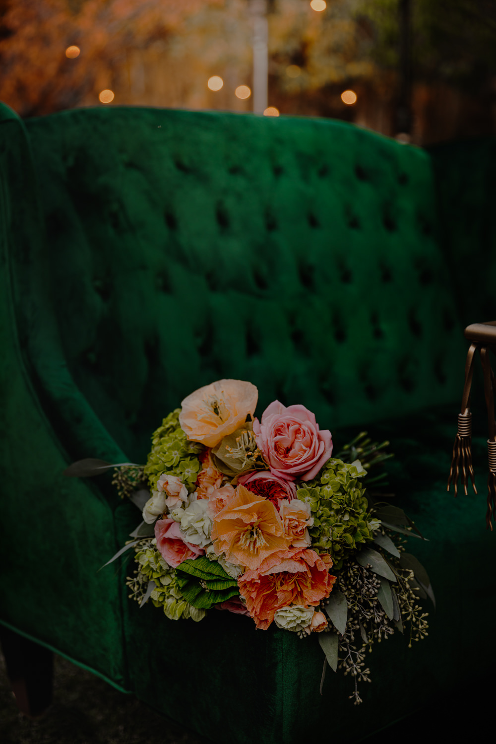 Bouquet Flowers Bride Bridal Pink Peach Paper Poppy Rose Green Wizard Oz Emerald City Wedding Claire Gutierrez Photography