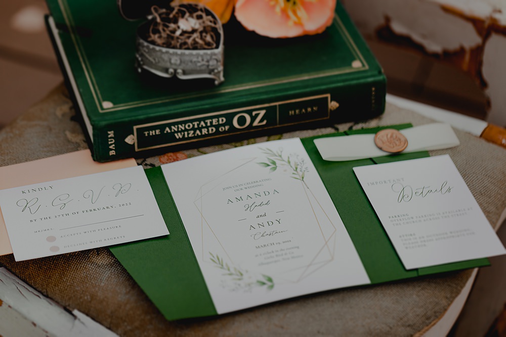 Green Greenery Stationery Invitation Wizard Oz Emerald City Wedding Claire Gutierrez Photography