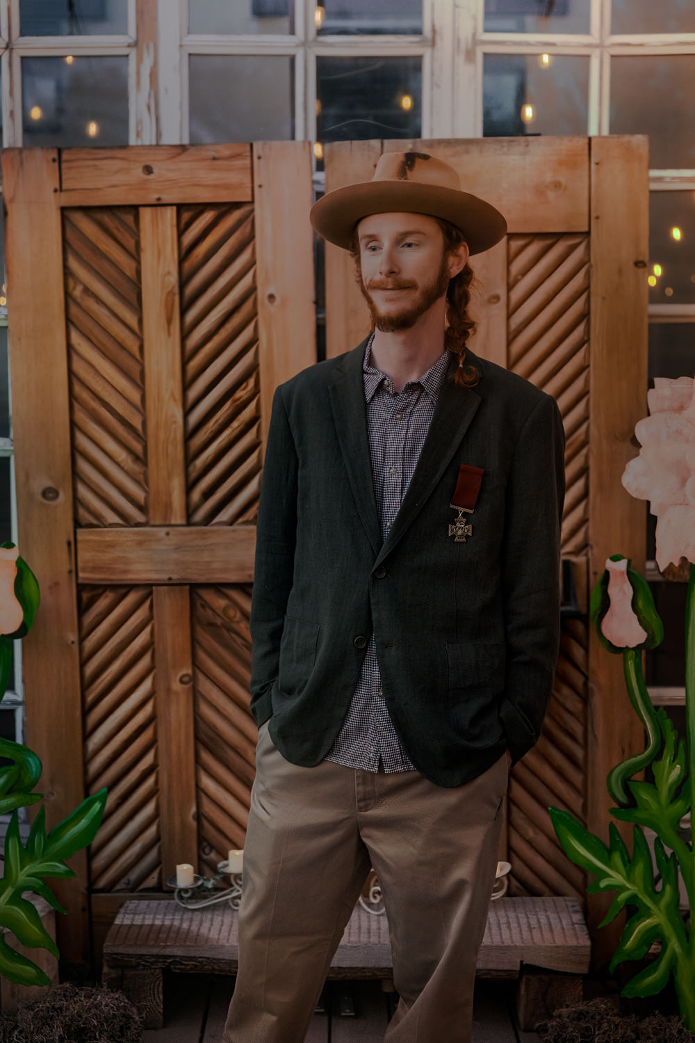 Grooom Jacket Hat Chinos Wizard Oz Emerald City Wedding Claire Gutierrez Photography