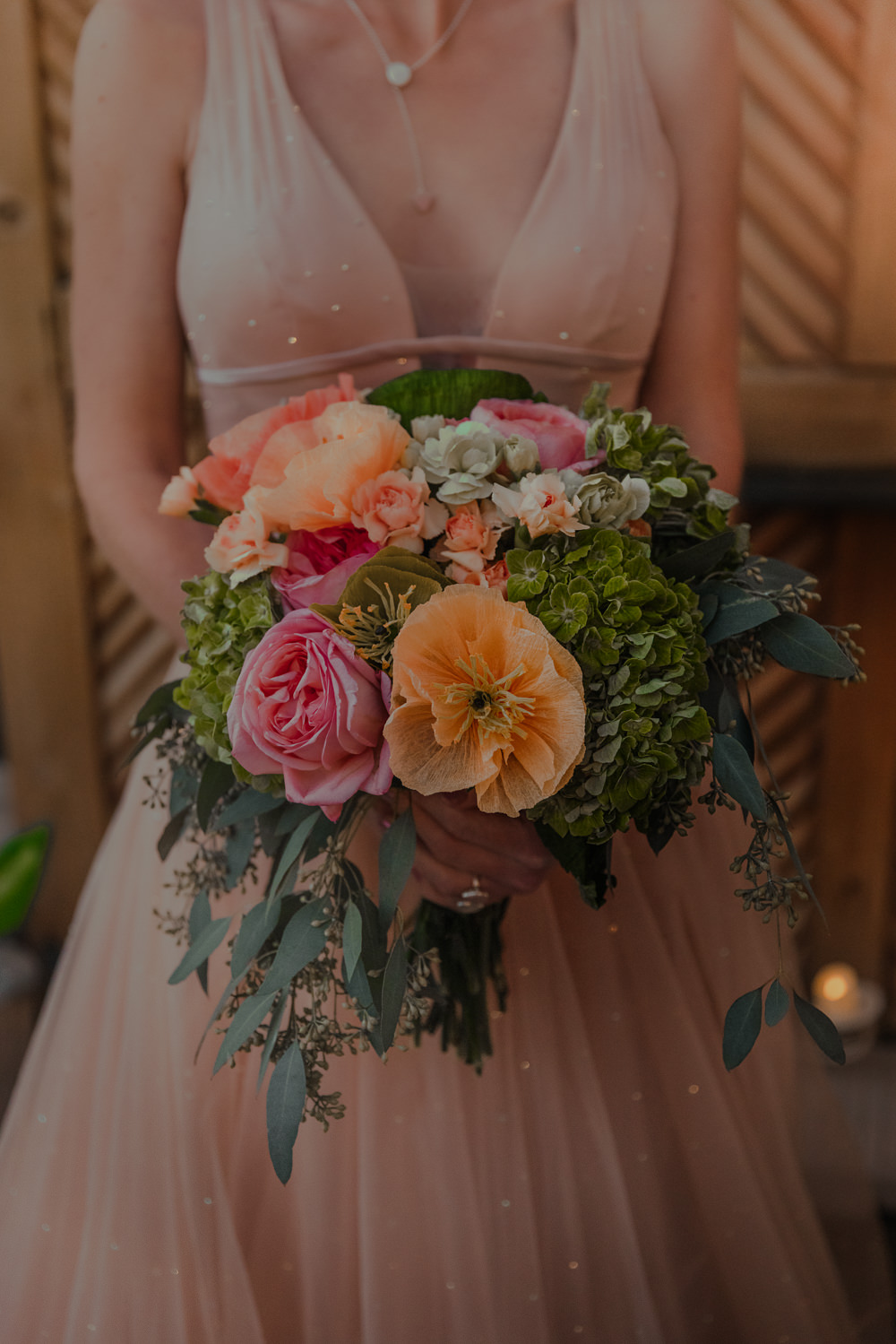 Bouquet Flowers Bride Bridal Pink Peach Poppy Rose Green Wizard Oz Emerald City Wedding Claire Gutierrez Photography