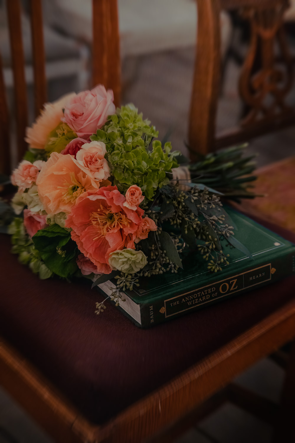 Bouquet Flowers Bride Bridal Pink Peach Poppy Rose Green Wizard Oz Emerald City Wedding Claire Gutierrez Photography