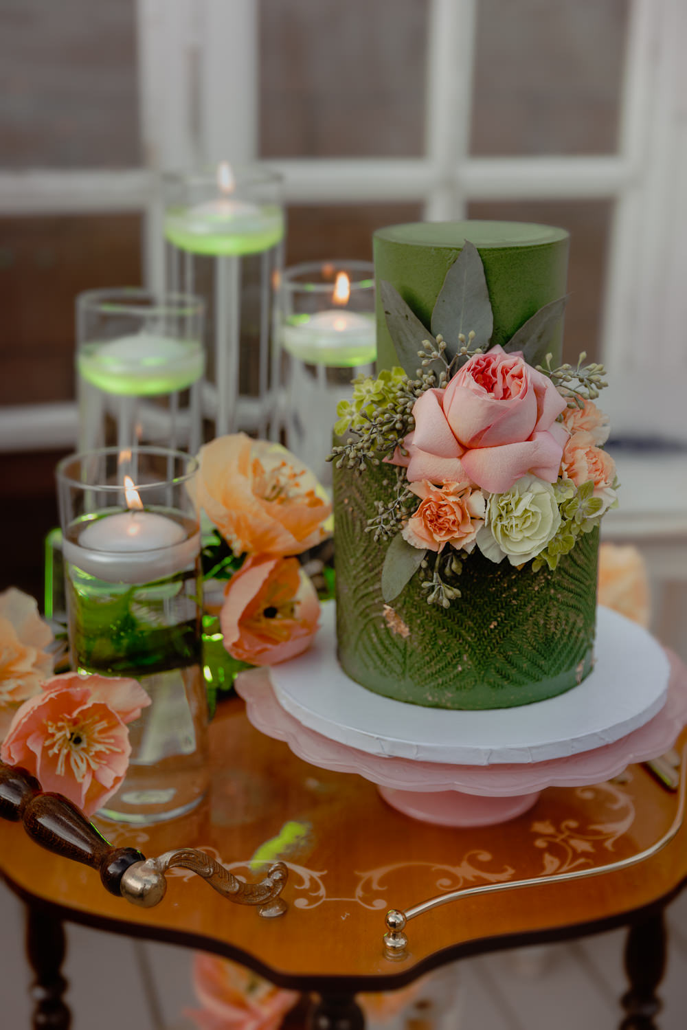 Green Cake Peach Flowers Wizard Oz Emerald City Wedding Claire Gutierrez Photography