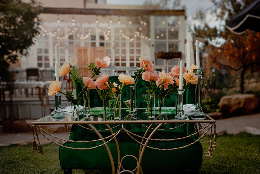 Green Table Glasses Decor Peach Paper Poppies Flowers Candles Centrepiece Wizard Oz Emerald City Wedding Claire Gutierrez Photography