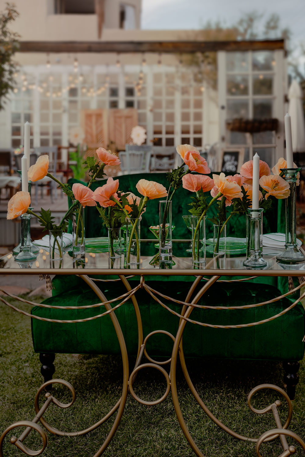 Green Table Glasses Decor Peach Poppies Paper Flowers Candles Centrepiece Wizard Oz Emerald City Wedding Claire Gutierrez Photography