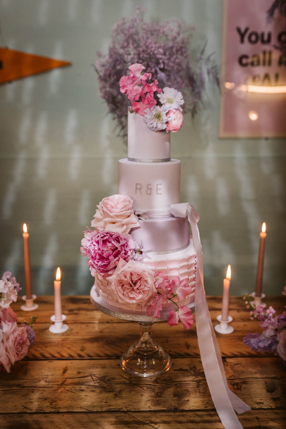Lilac Pink Cake Flowers Ruffle Ribbon 90s Wedding Ideas Hannah Brooke Photography
