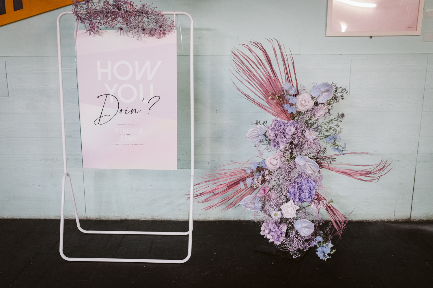 Welcome Sign Pink Lilac Flowers 90s Wedding Ideas Hannah Brooke Photography