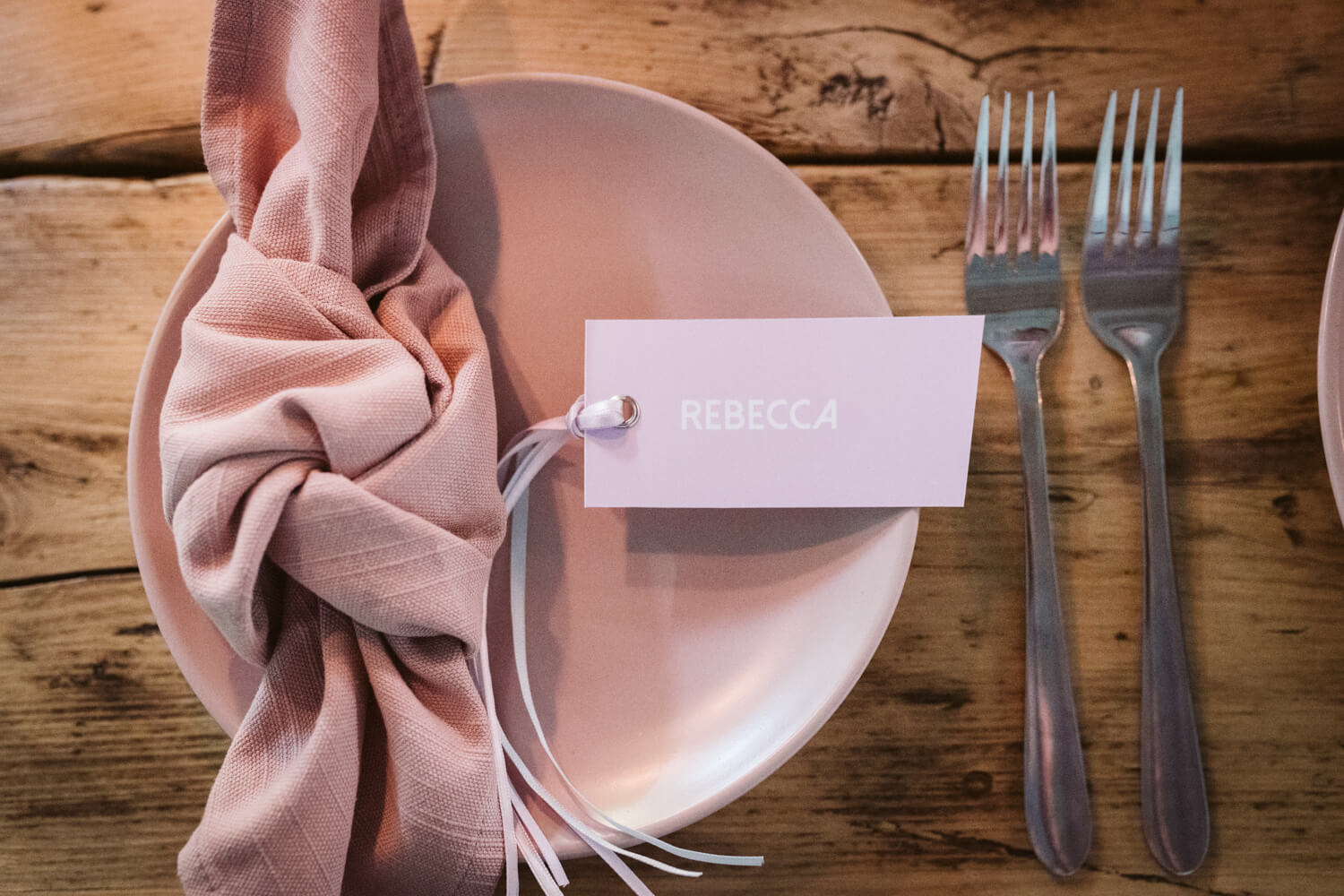 Place Setting Pink Plate Tag Ribbon 90s Wedding Ideas Hannah Brooke Photography