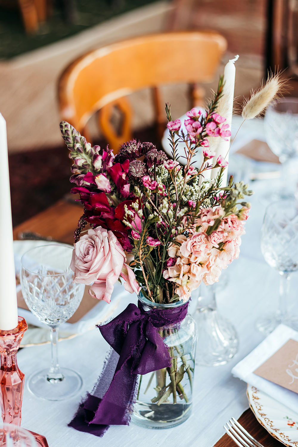 Centrepiece Flowers Vase Jar Ribbon Aircraft Hangar Wedding Sherri OMalley Photography