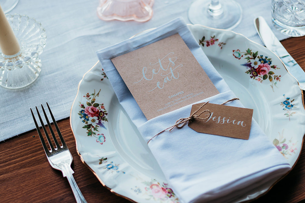 Place Setting Floral Plate Luggage Tag Name Card Aircraft Hangar Wedding Sherri OMalley Photography
