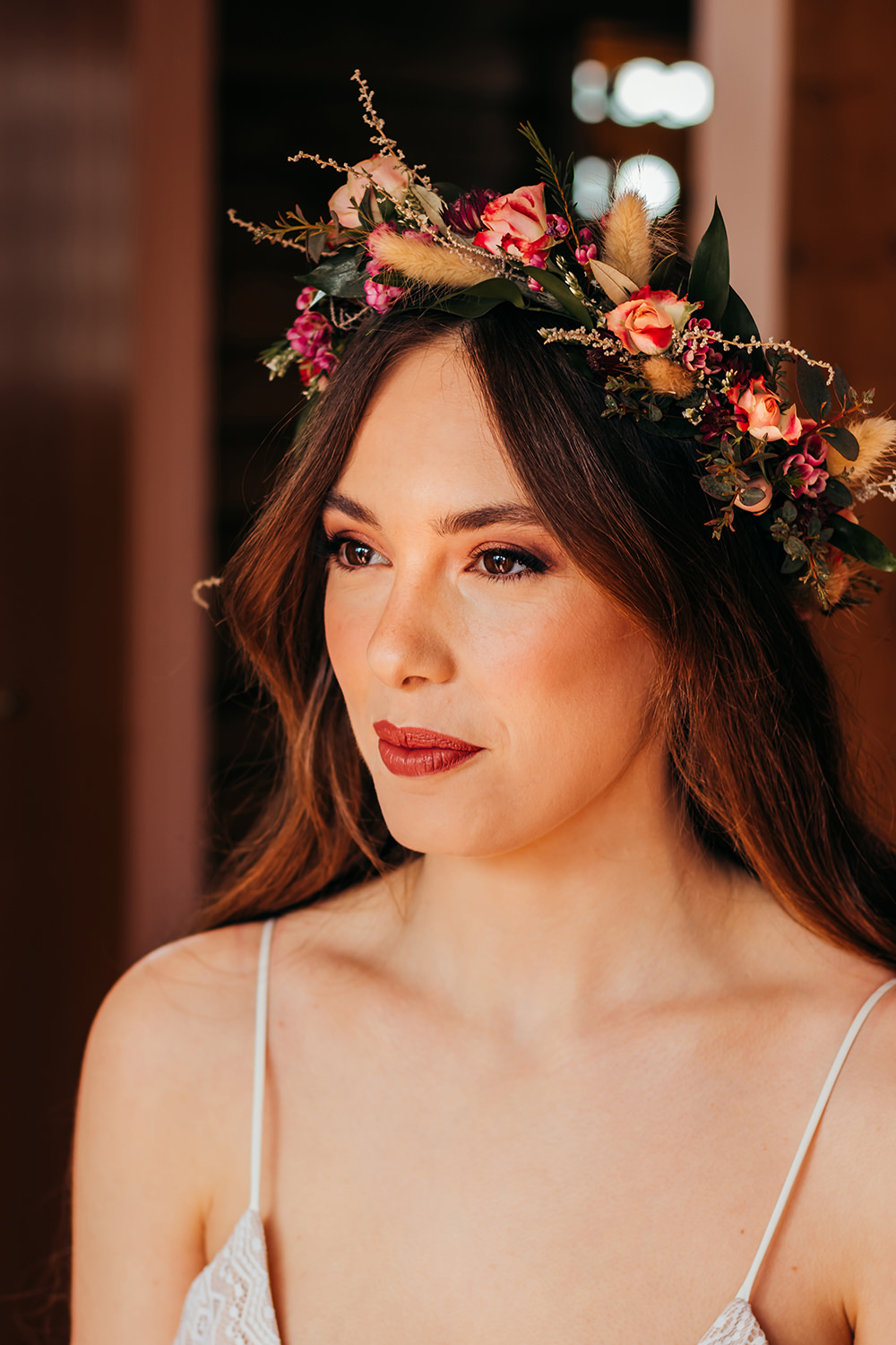 Bride Bridal Make Up Flower Crown Aircraft Hangar Wedding Sherri OMalley Photography