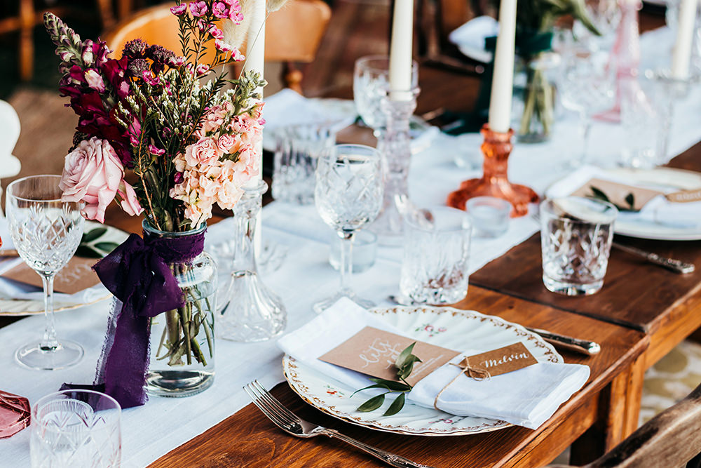 Place Setting Floral Plate Luggage Tag Name Card Aircraft Hangar Wedding Sherri OMalley Photography