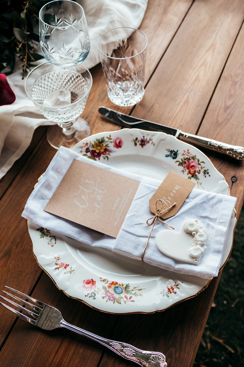 Place Setting Floral Plate Luggage Tag Name Card Aircraft Hangar Wedding Sherri OMalley Photography