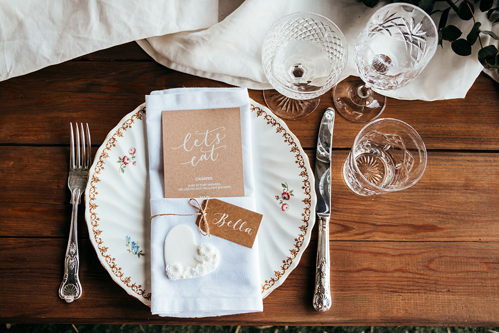 Place Setting Floral Plate Luggage Tag Name Card Aircraft Hangar Wedding Sherri OMalley Photography