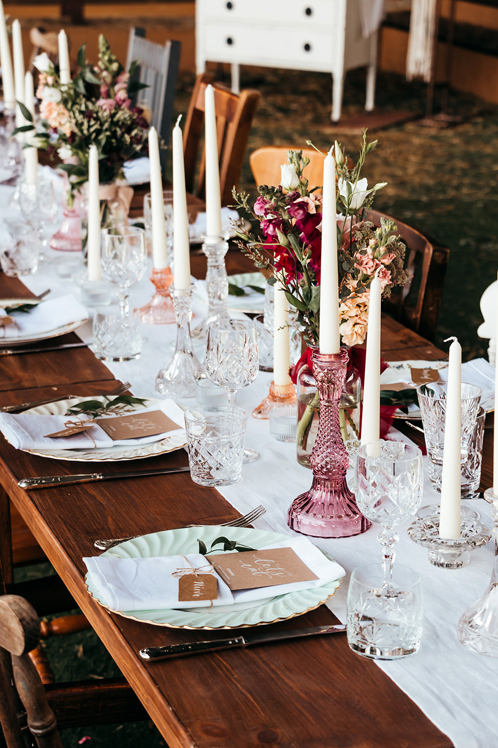Long Wooden Table Decor Candles Flowers Aircraft Hangar Wedding Sherri OMalley Photography