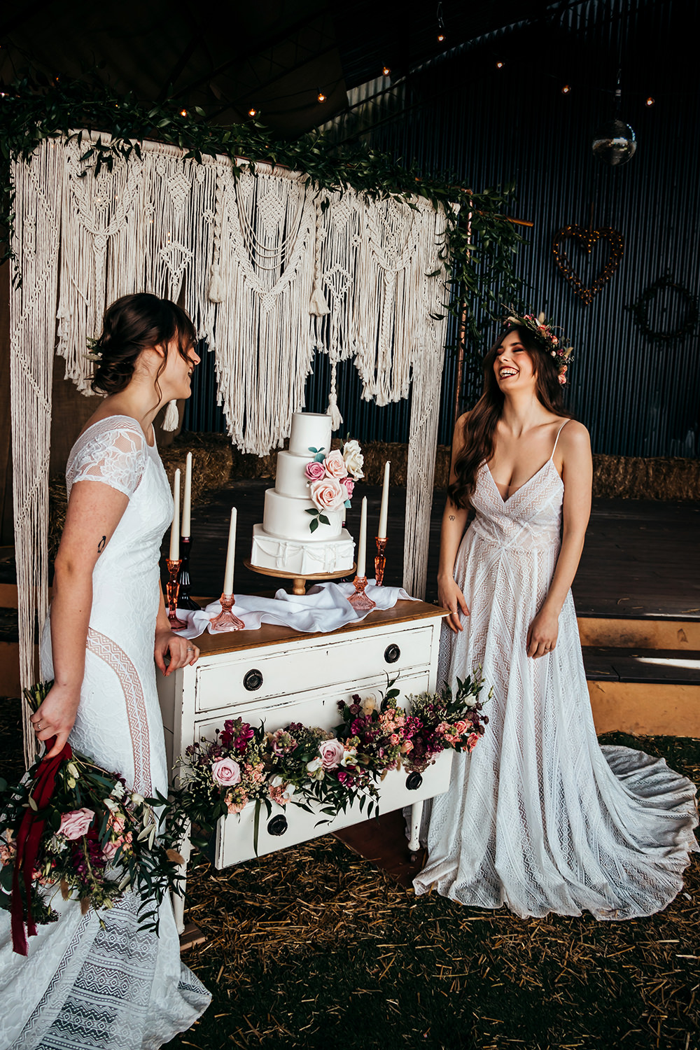 Cake Table Macrame Hanging Dresser Aircraft Hangar Wedding Sherri OMalley Photography