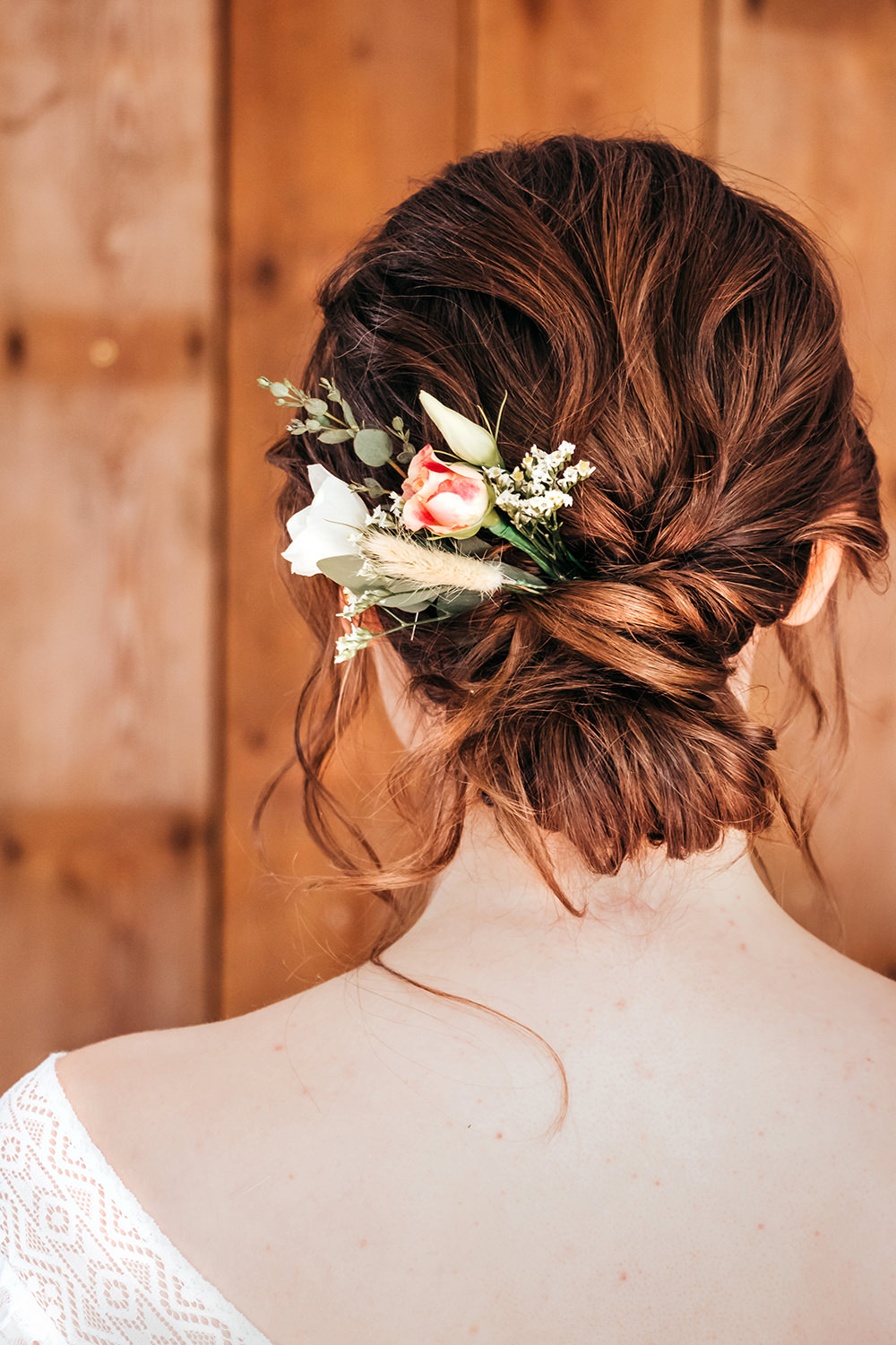 Bride Bridal Hairstyle Up Do Flowers Aircraft Hangar Wedding Sherri OMalley Photography