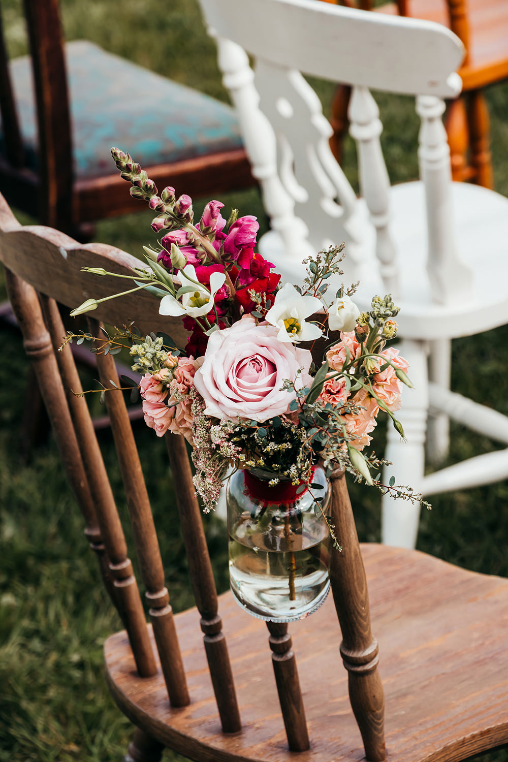Chair Aisle Ceremony Flowers Jar Aircraft Hangar Wedding Sherri OMalley Photography
